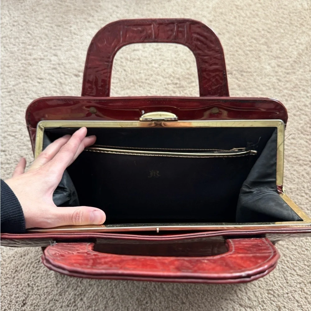 JR Florida-Vintage Deep Red Large Alligator Skin Accents Banking Hand Bag
